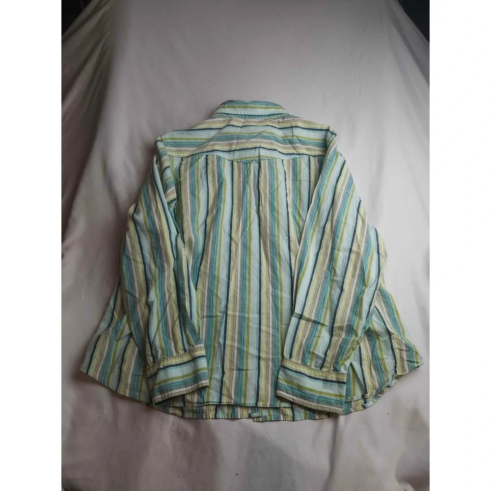 Blassport Woman 2X Striped Button Down Shirt Blue Green Lurex Metallic Cotton
